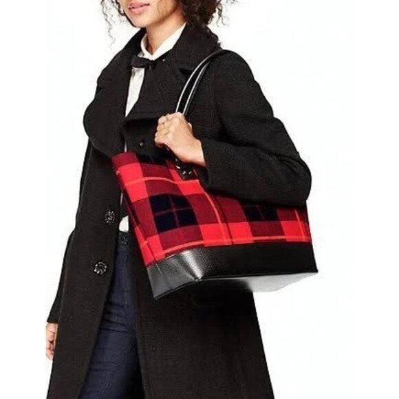 NWOT Kate Spade New York Medium Harmony Plaid Tote Bag With Black Leather Bottom - Picture 1 of 13